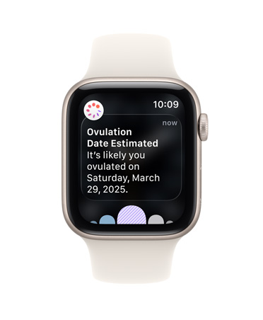 Apple Watch SE 3, aluminum case, starlight colour, ovulation date estimation notification from Cycle Tracking in Health app, Digital Crown, Sport Band, starlight colour