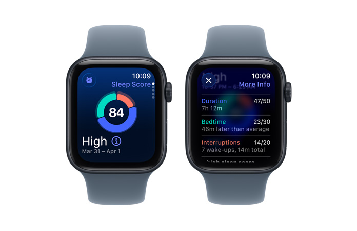 Apple Watch SE 3, sleep score, circle graph and score number, sleep stages analyzes awake, REM, core and deep sleep stages