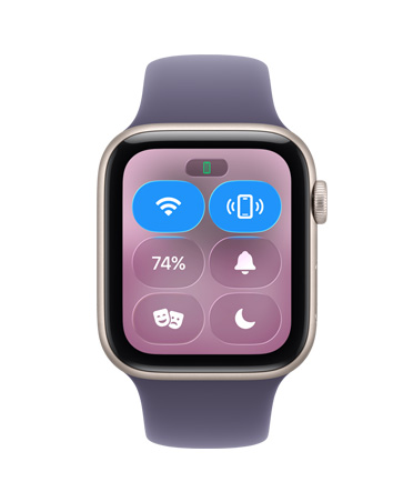 Apple Watch SE 3, caja de aluminio, blanco estelar, Centro de Control, ícono ubicar iPhone, parte lateral derecha, Digital Crown, correa deportiva, morado niebla
