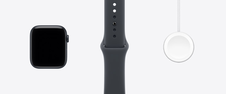 Apple Watch SE 3, aluminum case, midnight colour, front exterior, edge-to-edge display, midnight colour Sport Band, Apple Watch Magnetic Fast Charger to USB-C Cable