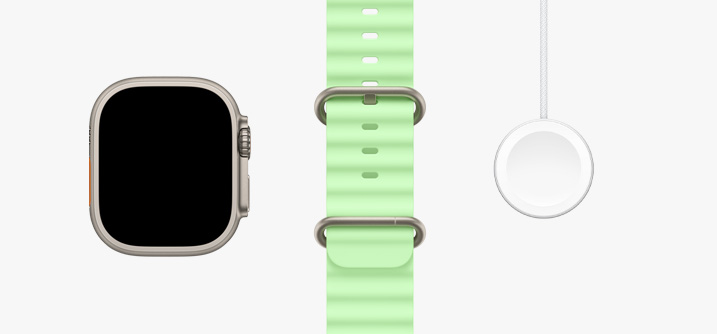 Apple Watch Ultra 3 med urkasse av naturlig titan, helskjerm, Ocean Band i neongrønn og magnetisk USB-C-hurtigladingskabel til Apple Watch