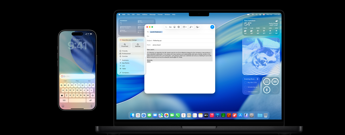 Un iPhone y una Mac muestran Apple Intelligence junto con el protector de pantalla de macOS Tahoe.