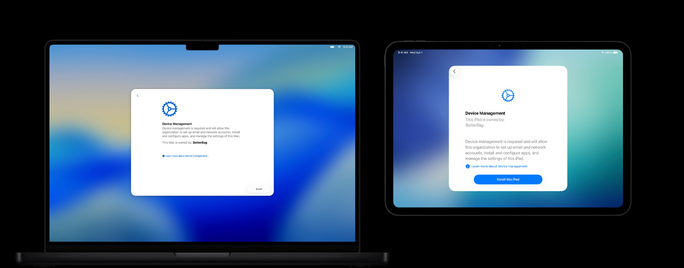 Dos dispositivos Apple dispuestos uno al lado del otro: una computadora Mac que muestra una ventana de Administración de Dispositivos y un iPad que muestra una pantalla de Administración de Dispositivos.