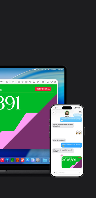 Una Mac muestra una presentación y el fondo de pantalla de macOS Tahoe. Frente a la Mac hay un iPhone con la misma presentación en un intercambio de mensajes de texto.