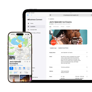 Vista frontal de um iPad com a plataforma Apple Business Connect de uma empresa. Na frente do iPad está um iPhone com as informações da empresa na app Mapas da Apple.
