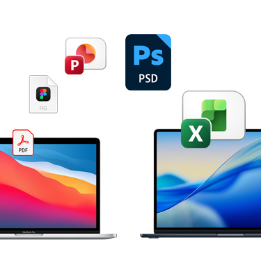 Vista frontal de dos MacBook uno al lado del otro con diferentes fondos de escritorio a todo color. Encima de ellos hay un arco formado por iconos de archivos de Acrobat, Quickbooks, PowerPoint, Photoshop y Excel.