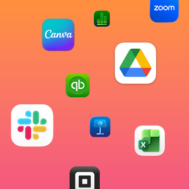 Iconos de las apps de productividad Slack, Canva, Google Workspace, Zoom, Quickbooks, Keynote, Excel, Square y Numbers sobre un fondo colorido.