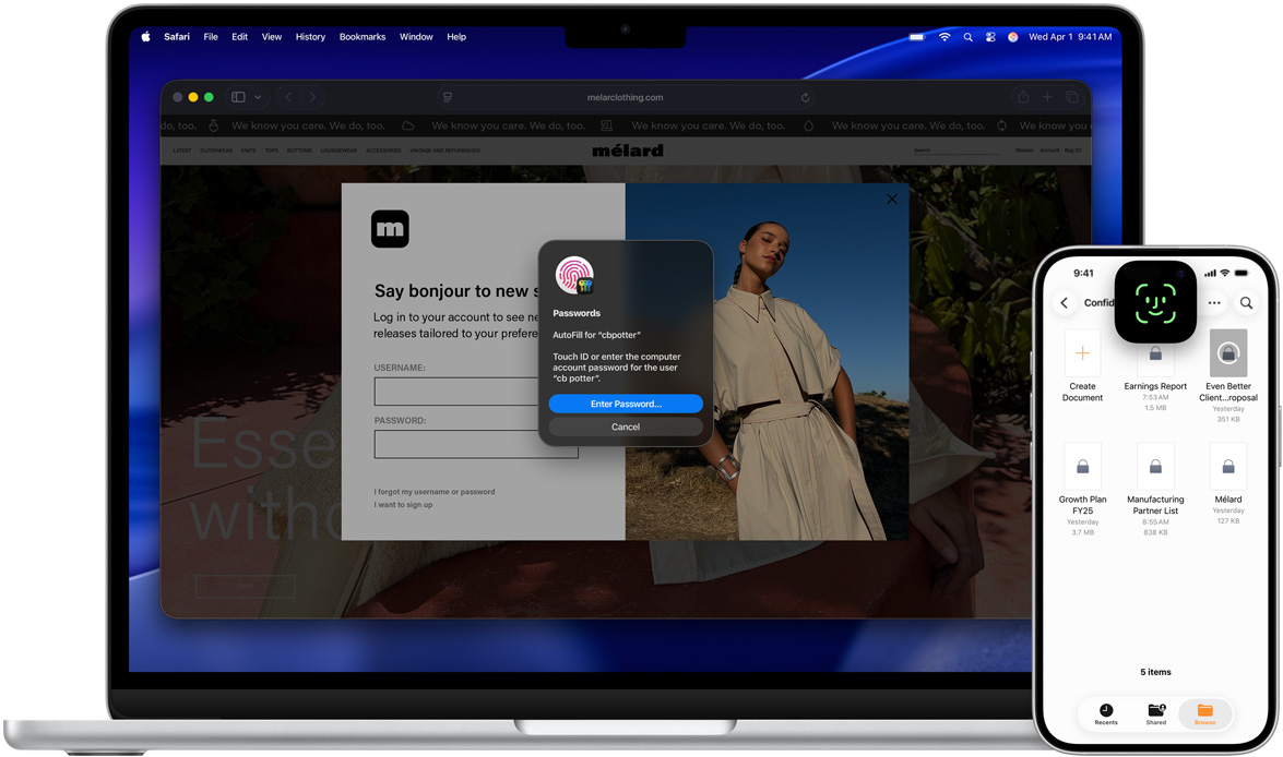 Un MacBook muestra la ventana de Touch ID y un fondo de pantalla de macOS Tahoe. Delante del MacBook hay un iPhone con una pantalla de Face ID.