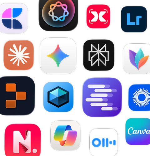 Différentes icônes d’apps d’IA, dont MindNode, Adobe Lightroom, Claude et Google Gemini