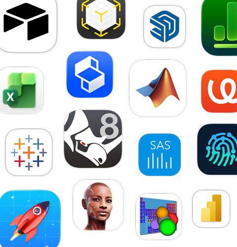 Différentes icônes d’apps de STIM, dont Shapr3D, MATLAB, uMake, Tableau et Tableau