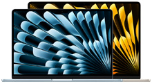 Deux portables MacBook Air, le plus petit devant le plus grand, ouverts, fonds d’écran éclatants aux motifs abstraits bleus et jaunes.
