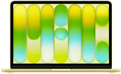 MacBook Neo ouvert, affichant un fond d’écran coloré avec des bandes verticales qui contiennent des dégradés dans des tons verts, jaunes et bleus.