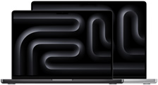 Deux portables MacBook Pro, le plus petit devant le plus grand, ouverts, fonds d’écran argent et noir aux motifs géométriques.