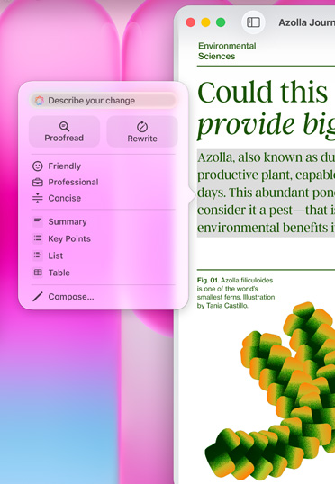 An article in Pages, featuring an Apple Intelligence prompt with options to summarise the highlighted text, make it more concise, and more.