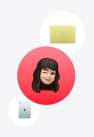 Une Apple Watch, un MacBook et un iPad autour d’un Memoji dans un cercle rouge.