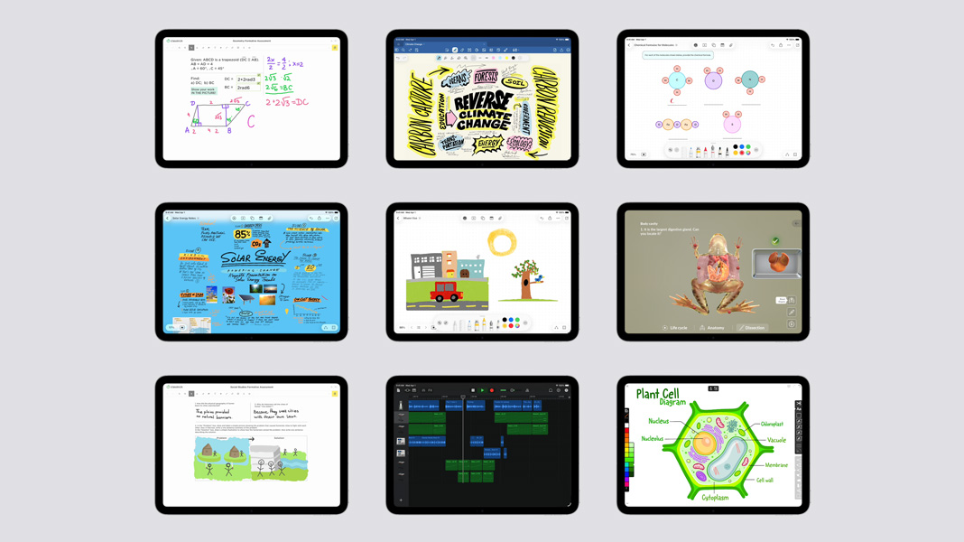 En opstilling med ni iPad-enheder viser forskelligt undervisningsindhold, herunder håndskrevne matematikopgaver, en læseplan for emnet solenergi, en anatomitegning, en kalenderoversigt og en tegning af en plantes cellestruktur.