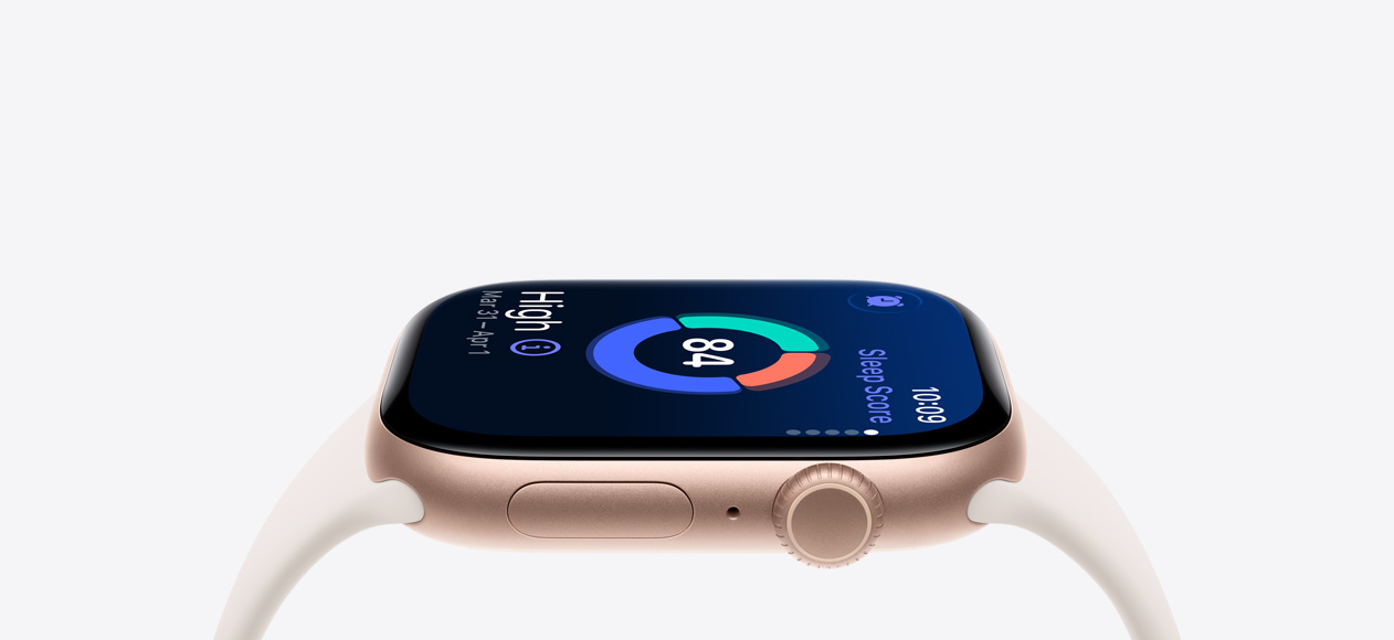 Apple&nbsp;Watch&nbsp;Series&nbsp;11, culoare Roz auriu, carcasă din aluminiu, scor de somn, exterior partea dreaptă, Digital Crown, microfon, buton lateral, curea Sport, culoare Strălucire stelară