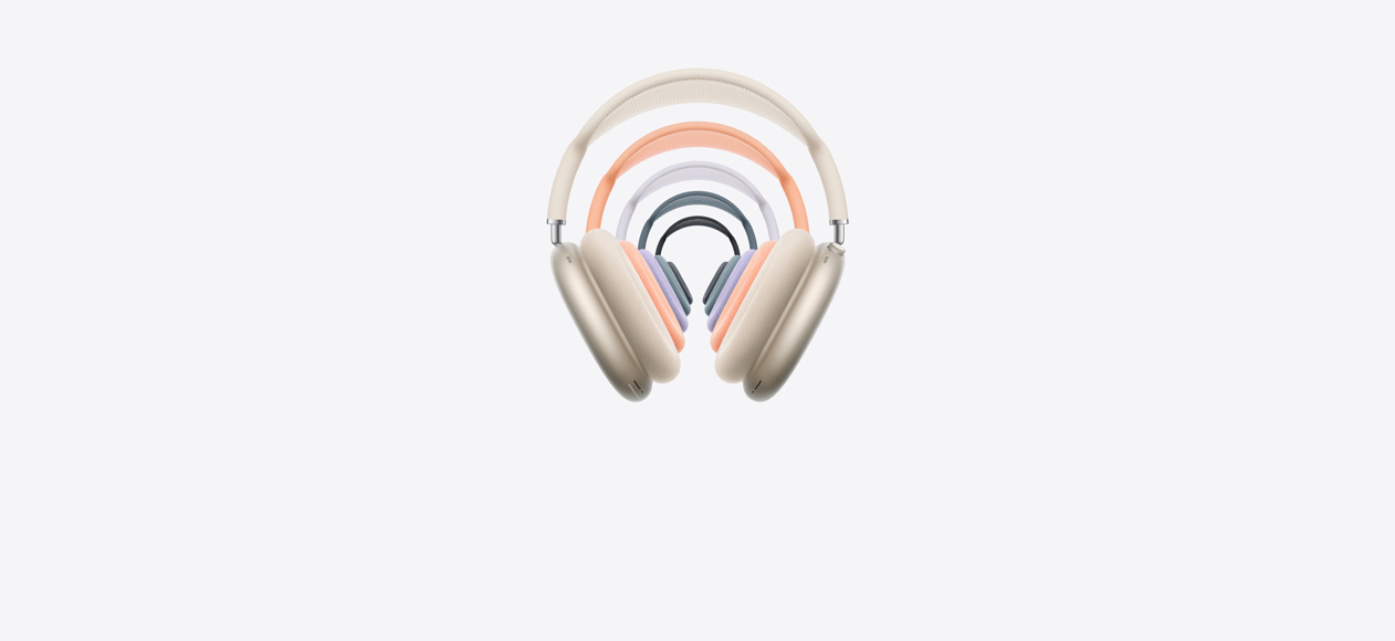 AirPods&nbsp;Max&nbsp;2 kõrvapealsed kõrvaklapid eestvaates, virnastatud, näidatud erinevates värvides, võrkpeavõru ja vahuklapid, Digital&nbsp;Crown ja kuulamisrežiimi nupp.