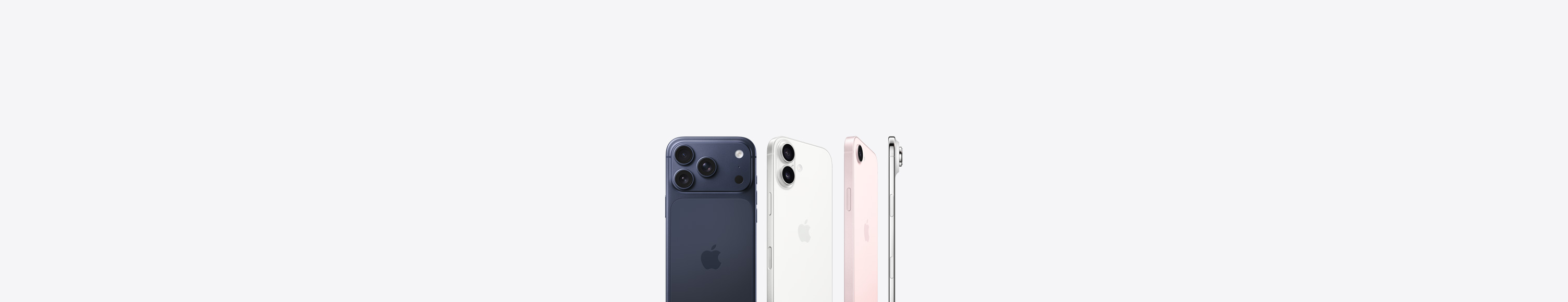 iPhone 17 Pro, back exterior, deep blue color, Pro Fusion camera system in top left corner, Apple logo in center, iPhone 17, back exterior, white color, Dual Fusion camera system in top left corner, Apple logo in center, iPhone 17e, back exterior, soft pink color, Fusion camera system in top left corner, Apple logo in center, iPhone Air, side, titanium frame profile, Fusion camera system in top left corner