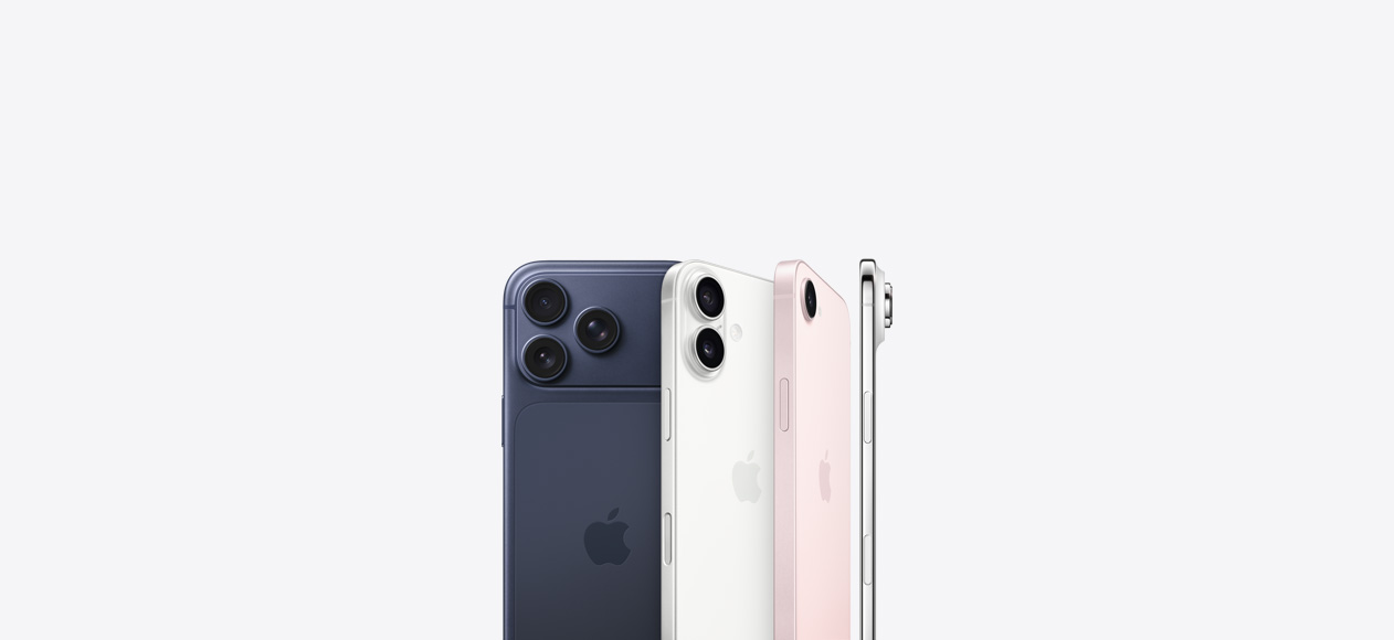 iPhone 17 Pro, back exterior, deep blue color, Pro Fusion camera system in top left corner, Apple logo in center, iPhone 17, back exterior, white color, Dual Fusion camera system in top left corner, Apple logo in center, iPhone 17e, back exterior, soft pink color, Fusion camera system in top left corner, Apple logo in center, iPhone Air, side, titanium frame profile, Fusion camera system in top left corner