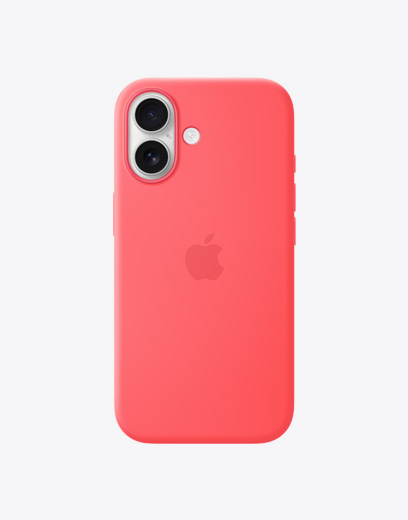 iPhone 17 mostrato da dietro, custodia in silicone gialla, sistema a doppia fotocamera Fusion nell’angolo in alto a sinistra, logo Apple al centro