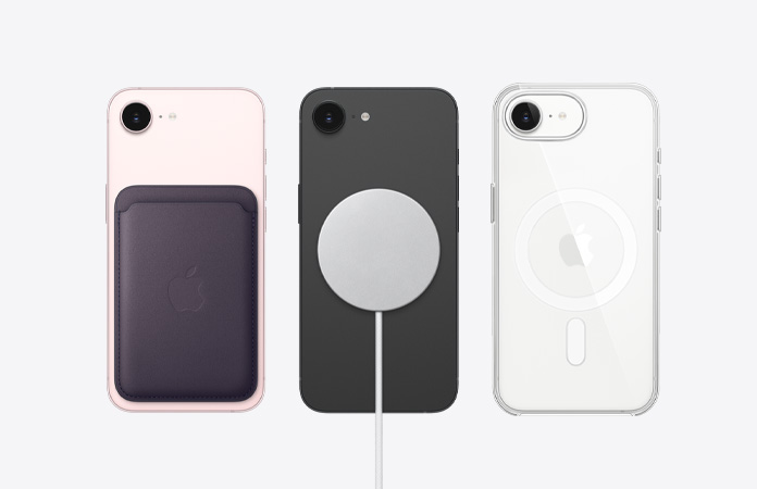 MagSafe 액세서리가 부착된 iPhone 17e의 뒷면