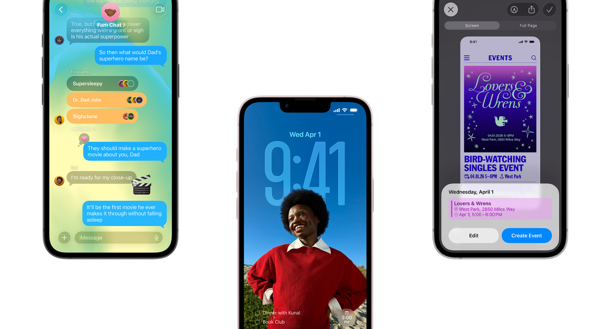 Voorkant van drie exemplaren van iPhone 17e met daarop de Berichten-app met Liquid Glass-design, een dynamisch Toegangsscherm en de screenshot-feature met een Agenda-activiteit