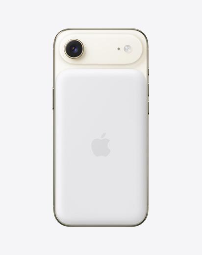 iPhone Air, parte posterior, color oro claro, con batería MagSafe acoplada