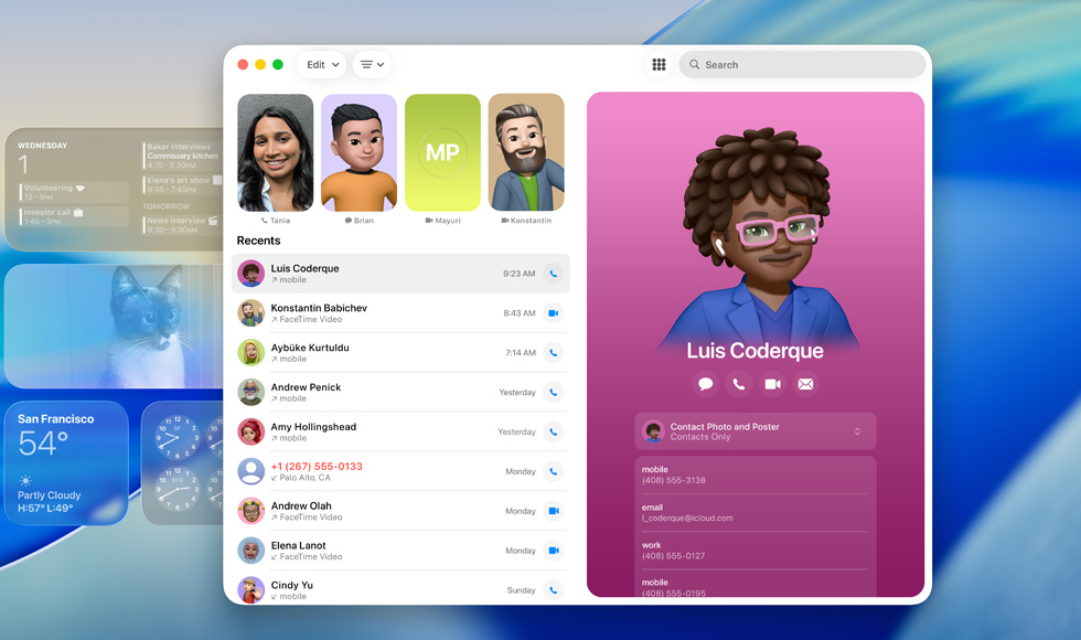 Écran verrouillé avec l’app FaceTime ouverte, liste des appels récents à côté d’une fiche de contact avec un Genmoji et le nom de la personne