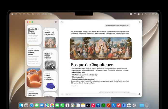 Una MacBook Pro de 14 pulgadas, negro espacial, la pantalla muestra la app Siri con una conversación activa de Siri AI y conversaciones anteriores en la barra lateral.