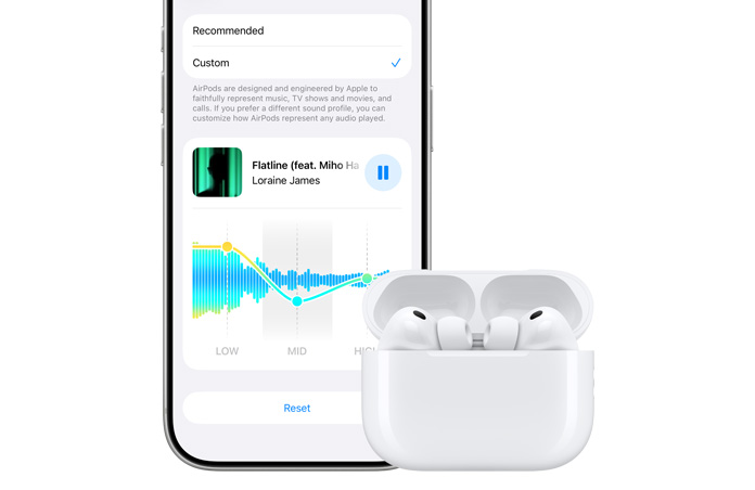 iPhone 17 Pro, Silver, front screen, options for custom sound range for AirPods of low, mid, and high