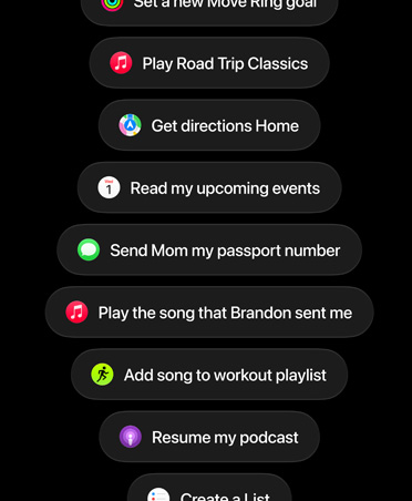 En skjerm med Siri AI-forespørsler, inkludert Spill av klassikere, Få veibeskrivelse hjem, Les opp kommende hendelser, Legg til bilde i album, Send en e‑post, Legg til sang på treningsspilleliste, Fortsett podkasten min.