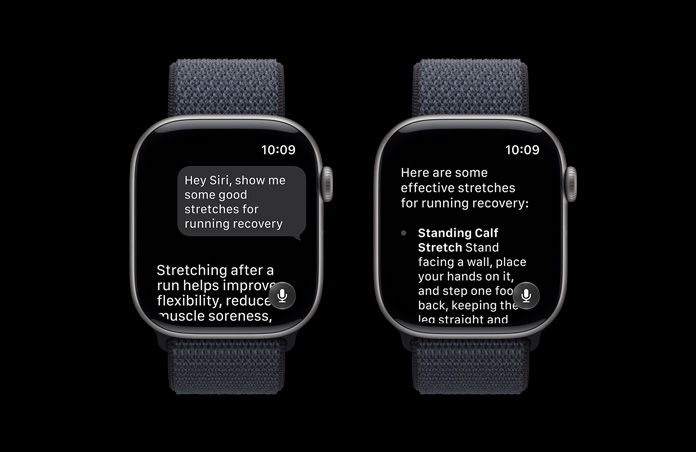 Apple Watch Series 11 i grå viser en Siri-samtale om trening
