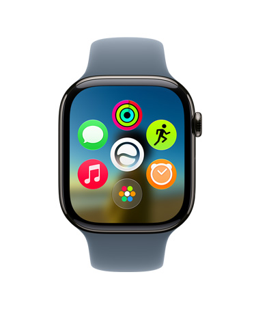 Apple Watch Series 11 med urkasse av titan i fargen skifergrå viser den dynamiske app-layouten.